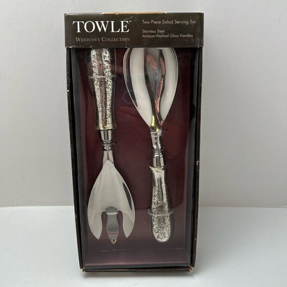 TOWLE Westcott Collection Two Piece Salad Serving Set Glass Handles Stainless St - Picture 1 of 7